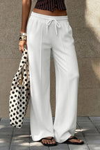 White Drawstring Wide Leg Relaxed Pants