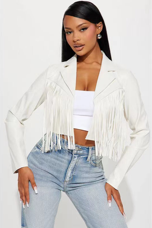 Fringe Trim Faux Leather Cropped Jacket White / S Main image