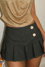 Buttoned Pleated Denim Mini Skirt