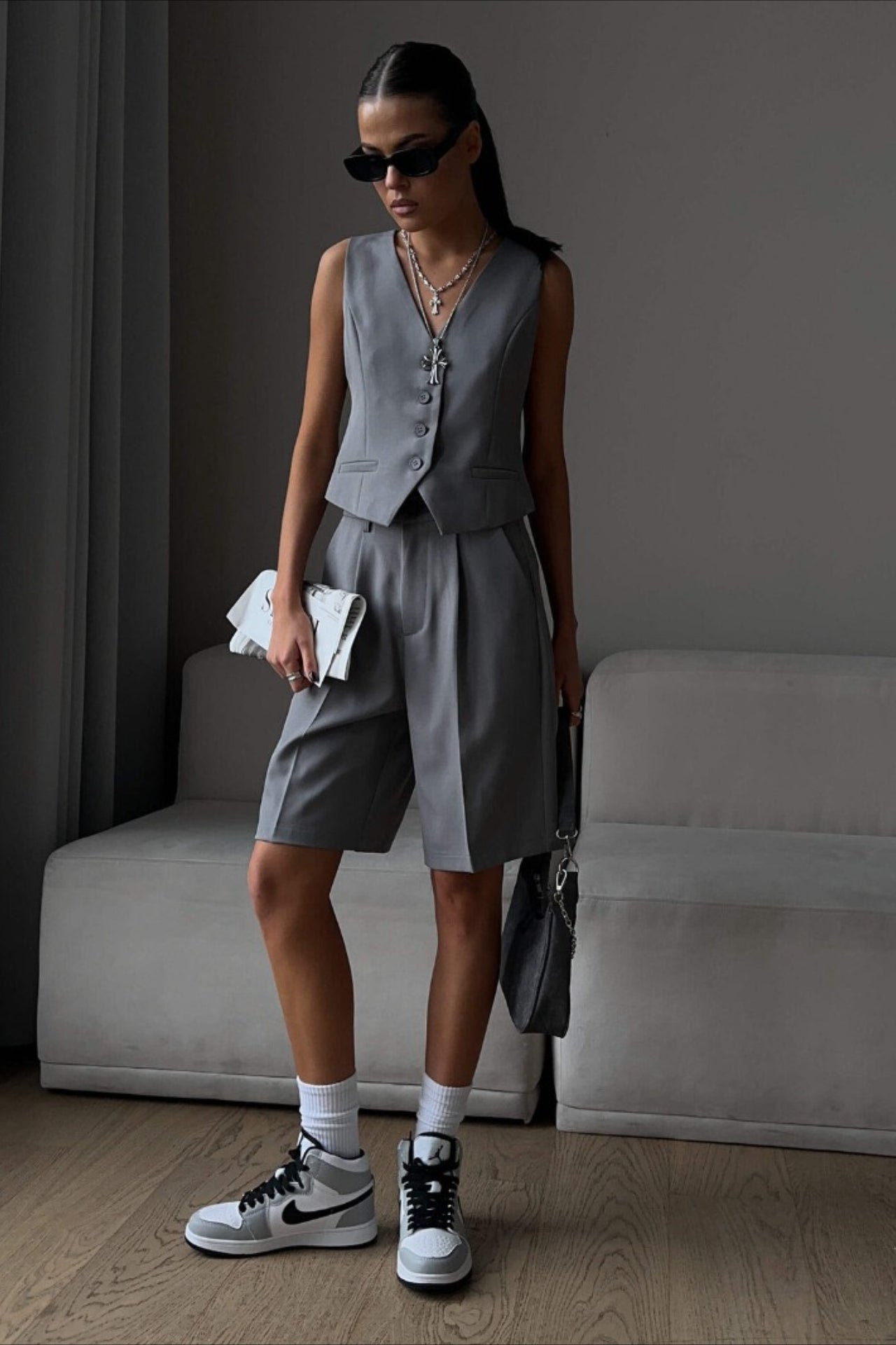 Casual V Neck Single Breasted Two Piece Vest Shorts Set