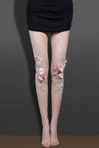 Embroidered Flower Pearl Nude Fishnet Tights