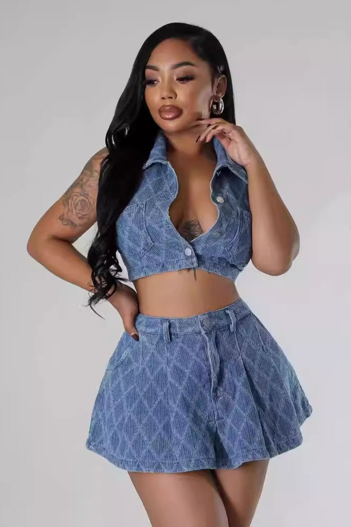 Washed Plaid Denim Crop Top Skirt Set Main image