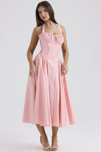 Floral Halter Lace Trim Long Sleeveless Prom Dress