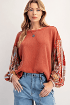 Waffle Knit Patchwork Sleeve Sweatshirt