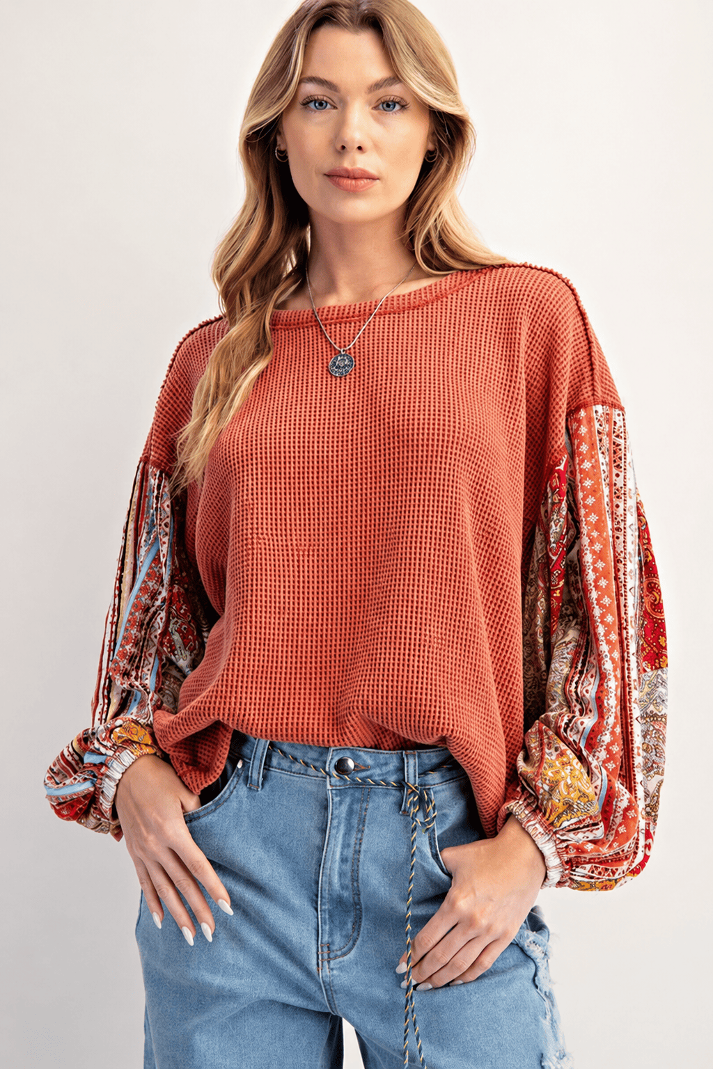 Waffle Knit Patchwork Sleeve Sweatshirt