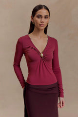 Wine Red V Neck Bodycon Long Sleeve Tee