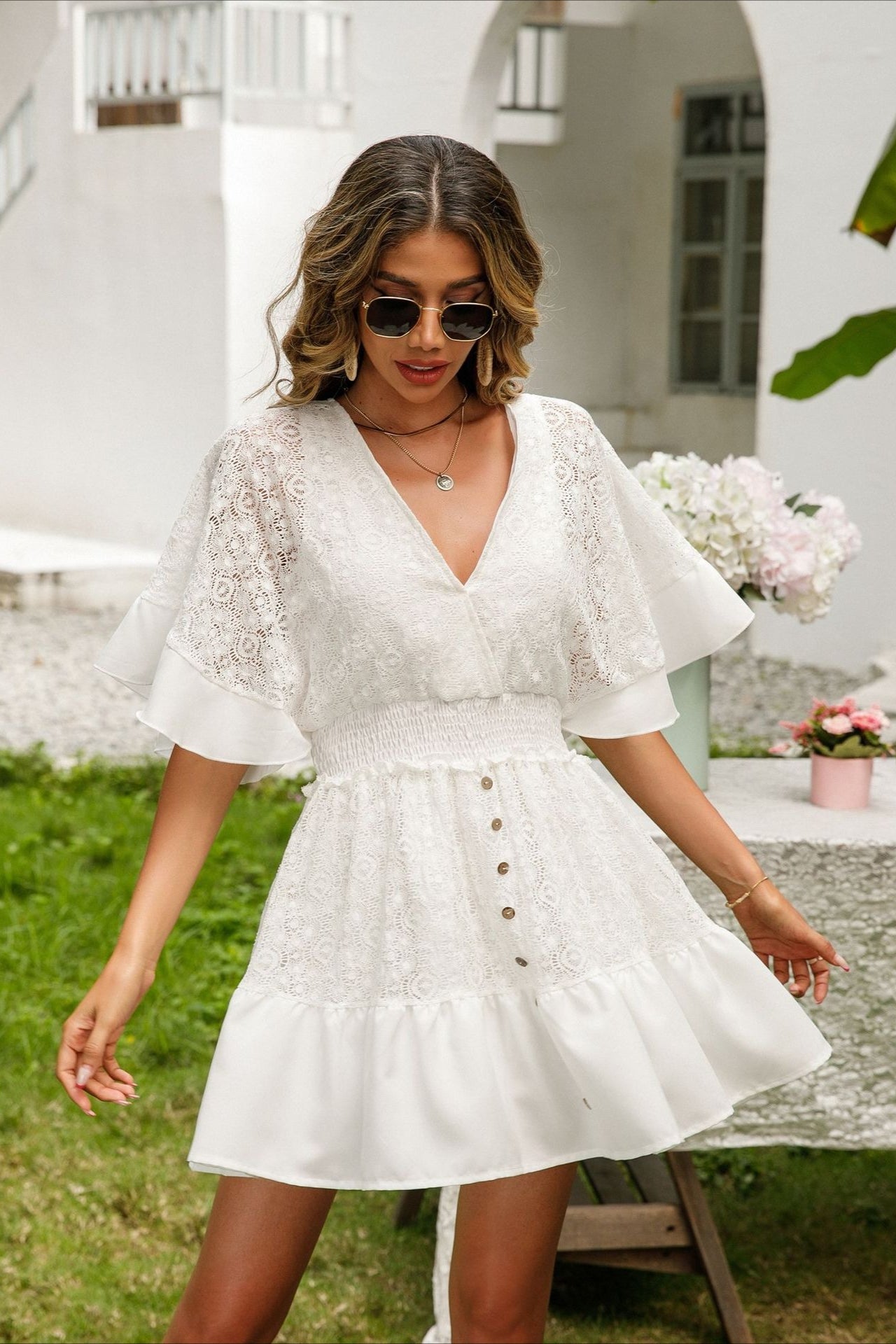Lace Panel Batwing Sleeve Boho Dress Main image