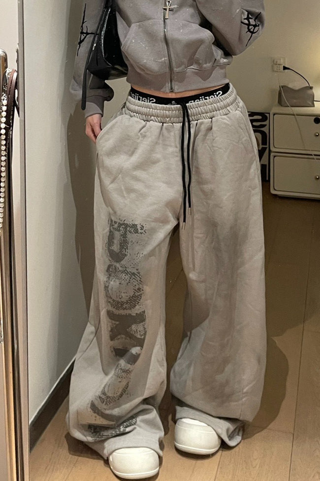 Letter Print Tie Wide Leg Casual Sweat Pants Main image