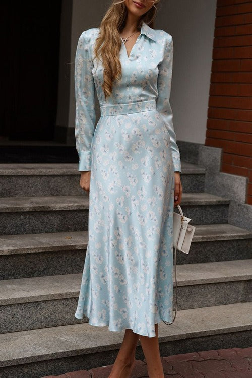 Satin Floral Collar Long Sleeve Floral Dress Main image