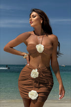 Solid 3D Floral Mini Skirt Three Piece Swim Set