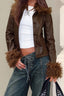 Fur Collar Leather Spliced Jacket S / Brown