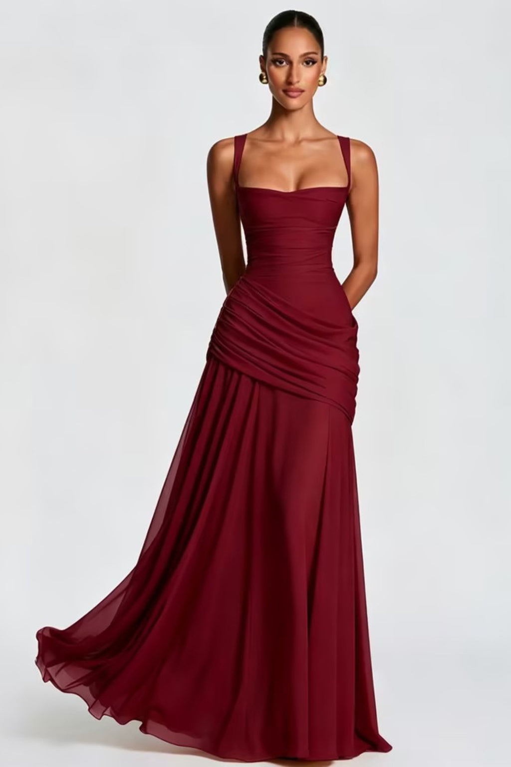 Square Neck Ruched Milk Silk Formal Dress