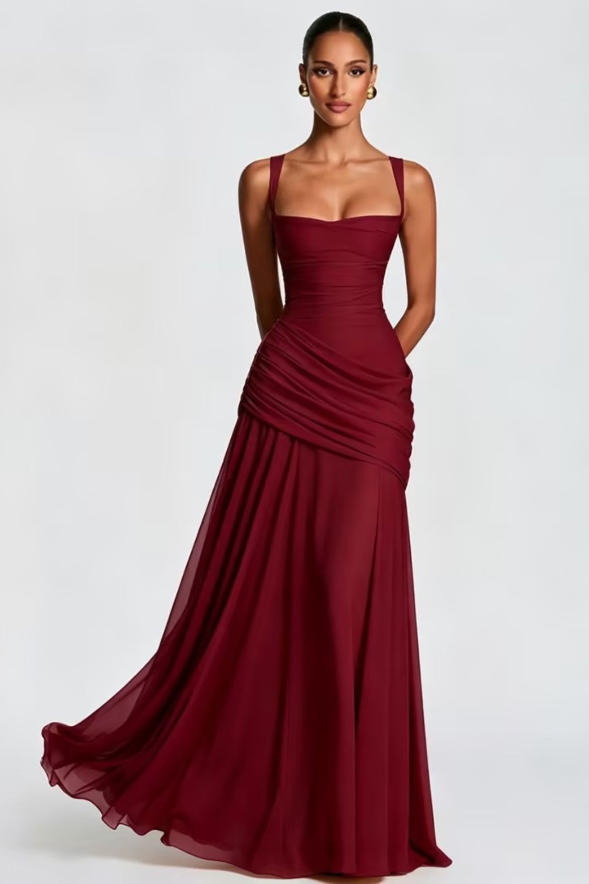 Square Neck Ruched Milk Silk Formal Dress