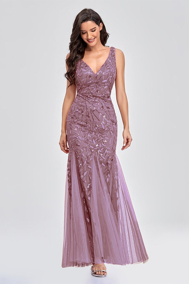 V Neck Sheer Embroidered Sequin Sexy Prom Dress Main image