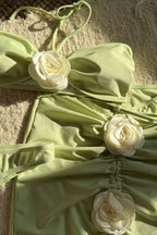 Solid 3D Floral Mini Skirt Three Piece Swim Set