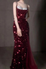 Spaghetti Strap Sequin Burgundy Glam Prom Dress