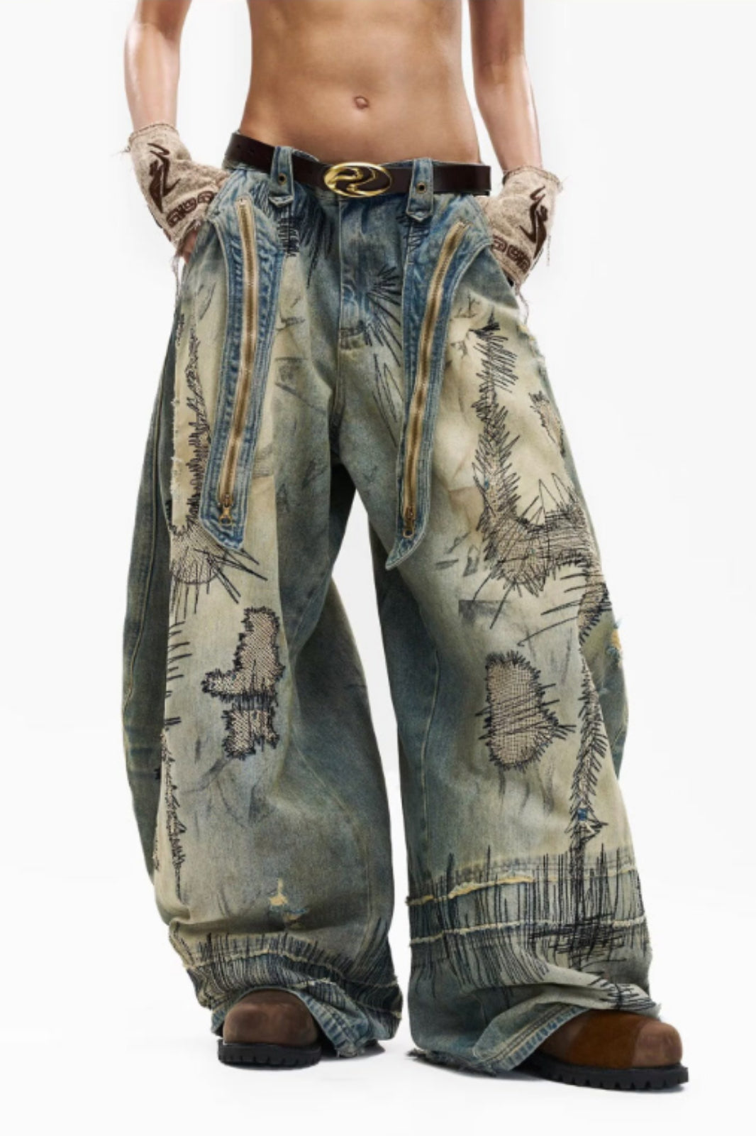 Distressed Stitch Embroidered Baggy Barrel Jeans