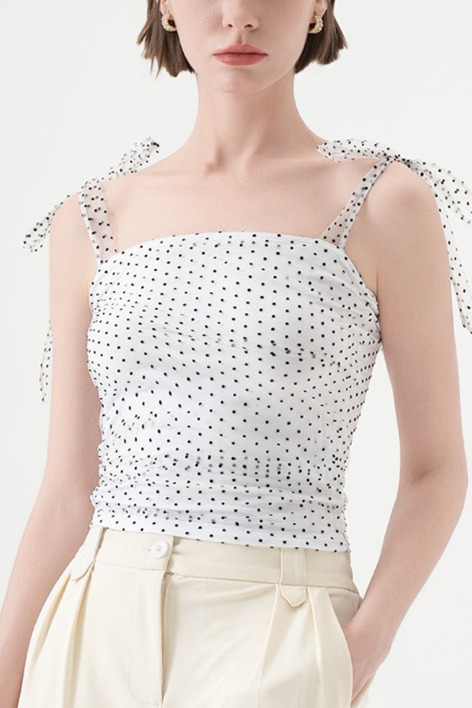Polka Dot Halter Cropped Ruched Tie Front Tank Top Secondary image