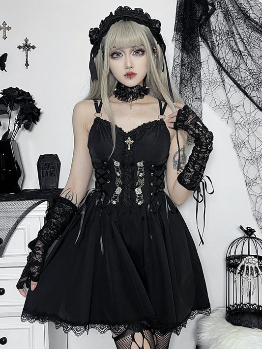 Gothic Sexy Black V Neck Lace Up Grunge Punk High Waist Lace Trim Party Dress