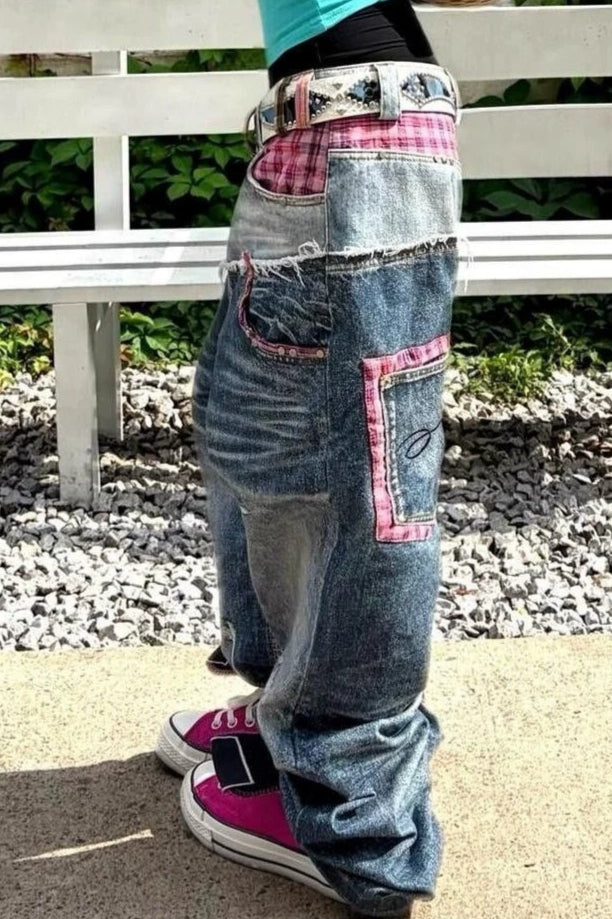 Plaid Panel Wide Leg Washed Jeans
