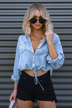 Denim Drawstring Hem Relaxed Blouse