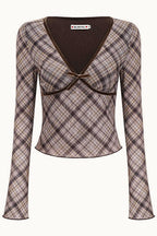 Deep V Neck Plaid Bodycon Cropped Long Sleeve Tee