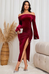 Burgundy Off-Shoulder High Slit Sexy Midi Dress