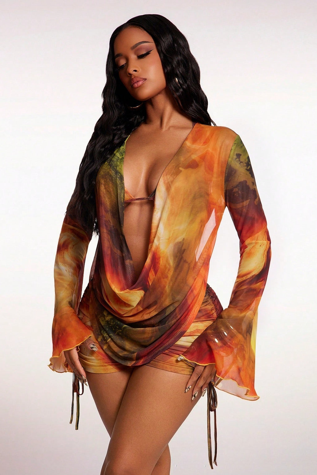 Artistic Print Tie Mesh Three Piece Swim Set
