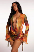 Artistic Print Tie Mesh Three Piece Swim Set