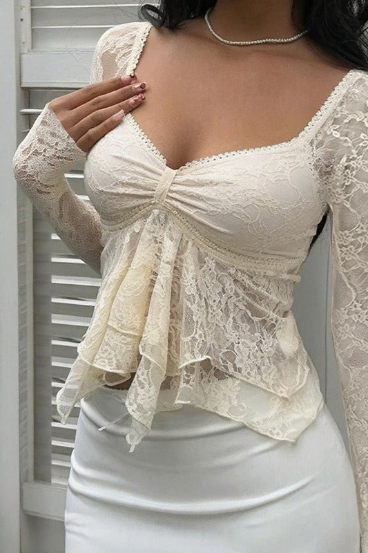 Sheer Lace Backless Flounce Hem Blouse Secondary image
