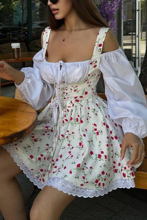 Two Piece Puff Sleeve Strapless Floral Dress Main image