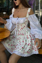 Two Piece Puff Sleeve Strapless Floral Dress