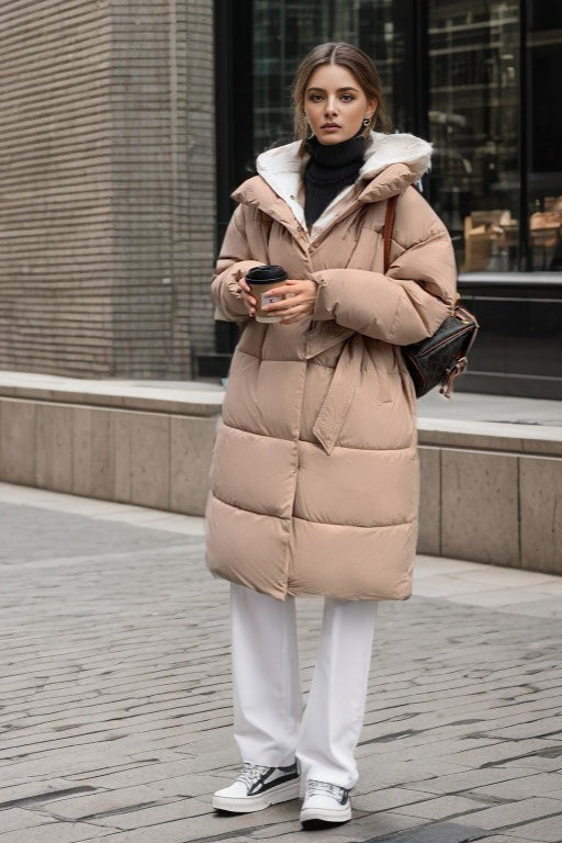 Colorblock Mid-Length Hooded Puffer Puffer Jacket M / Khaki Main image