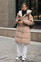 Colorblock Mid-Length Hooded Puffer Puffer Jacket M / Khaki