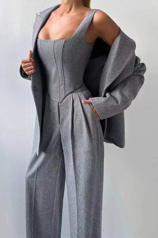 Layered Corset Style Three Piece Blazer Pants Set Main image