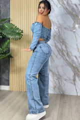Off Shoulder Denim Long Sleeve Sexy Crop Top