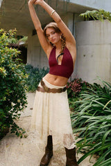 Asymmetrical Hem Lace Detail Midi Skirt