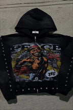 Rhinestone Graphic Zip Up Hoodie