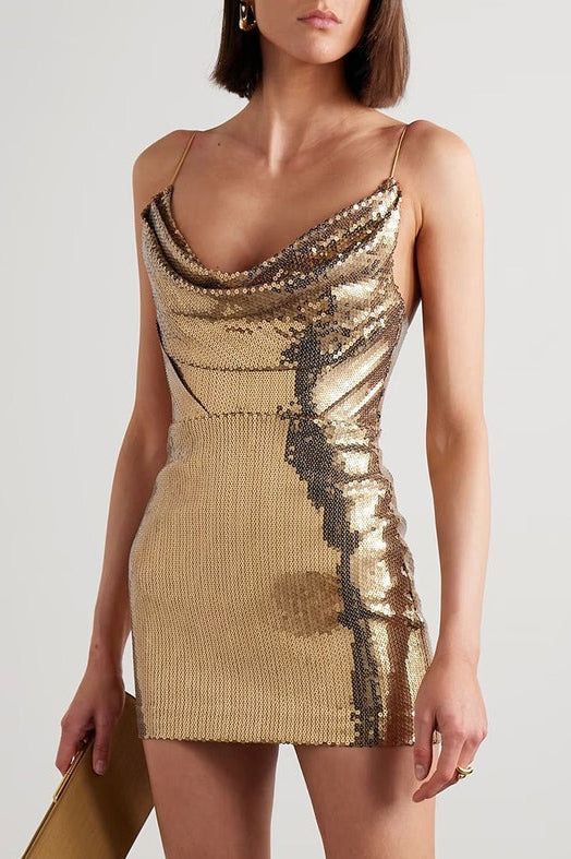 Gold Sequin Cowl Back Cocktail Dress