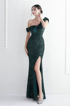 Embellished One Shoulder Mermaid Formal Dress S / Green