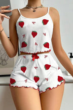 Heart Pattern Ribbed Cami Top Pajama Shorts Set