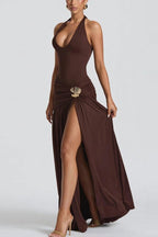 Solid Halter Backless Slit Bodycon Boho Dress