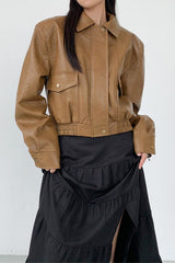 Short PU Leather Notch Lapel Jacket S / Brown