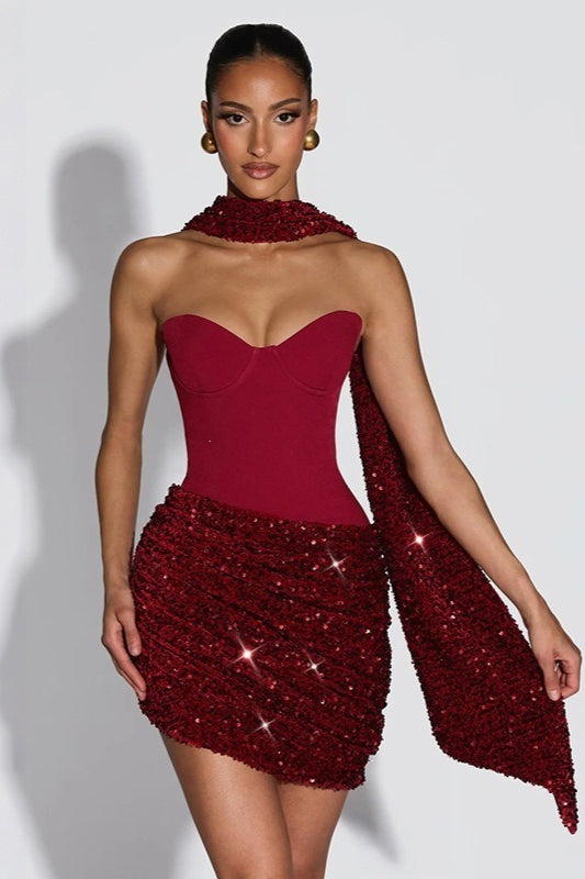 Sequin Draped Scarf Strapless Cocktail Dress Main image