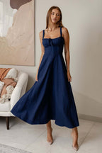Square Neck Backless Denim Maxi Dress