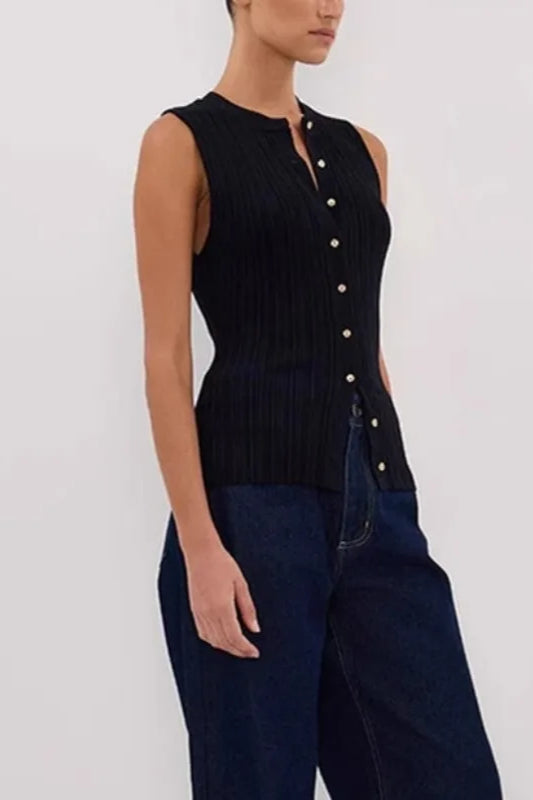 Solid Ribbed Sleeveless Cardigan Black / S
