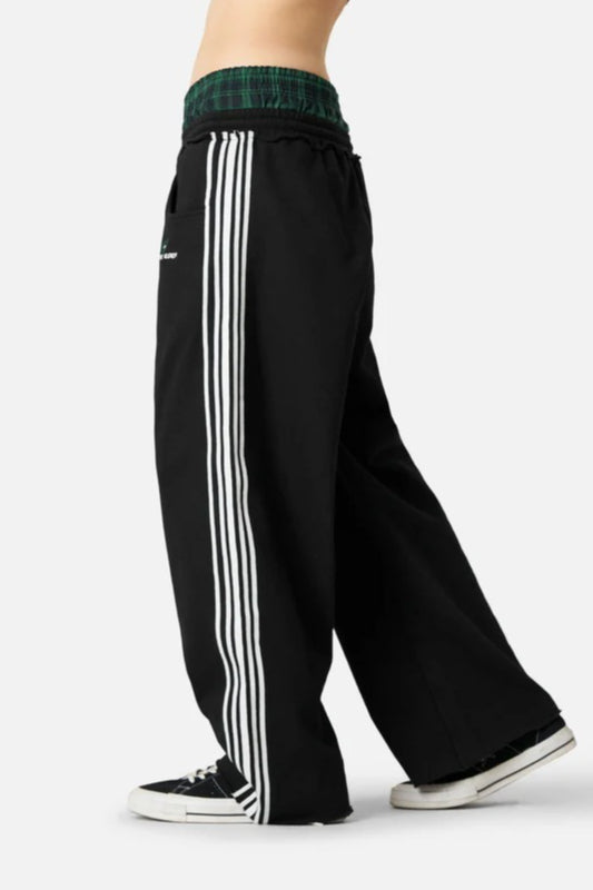 Vintage Stripe Embroidery Relaxed Double Waist Pants