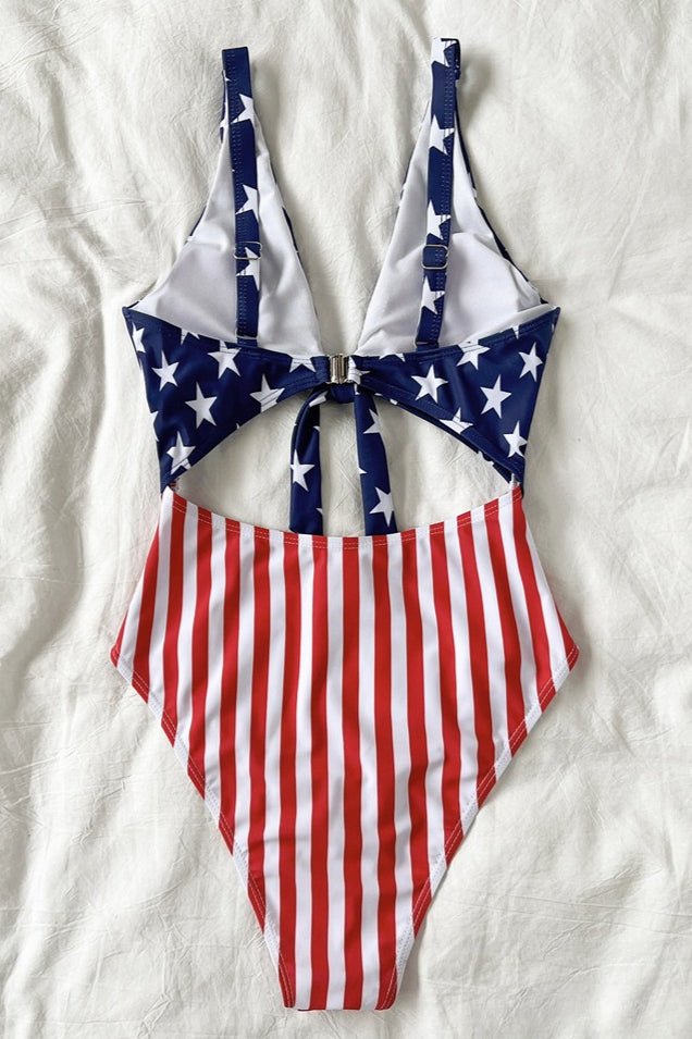 US Flag Cutout Tie Cross One Piece Swimwear