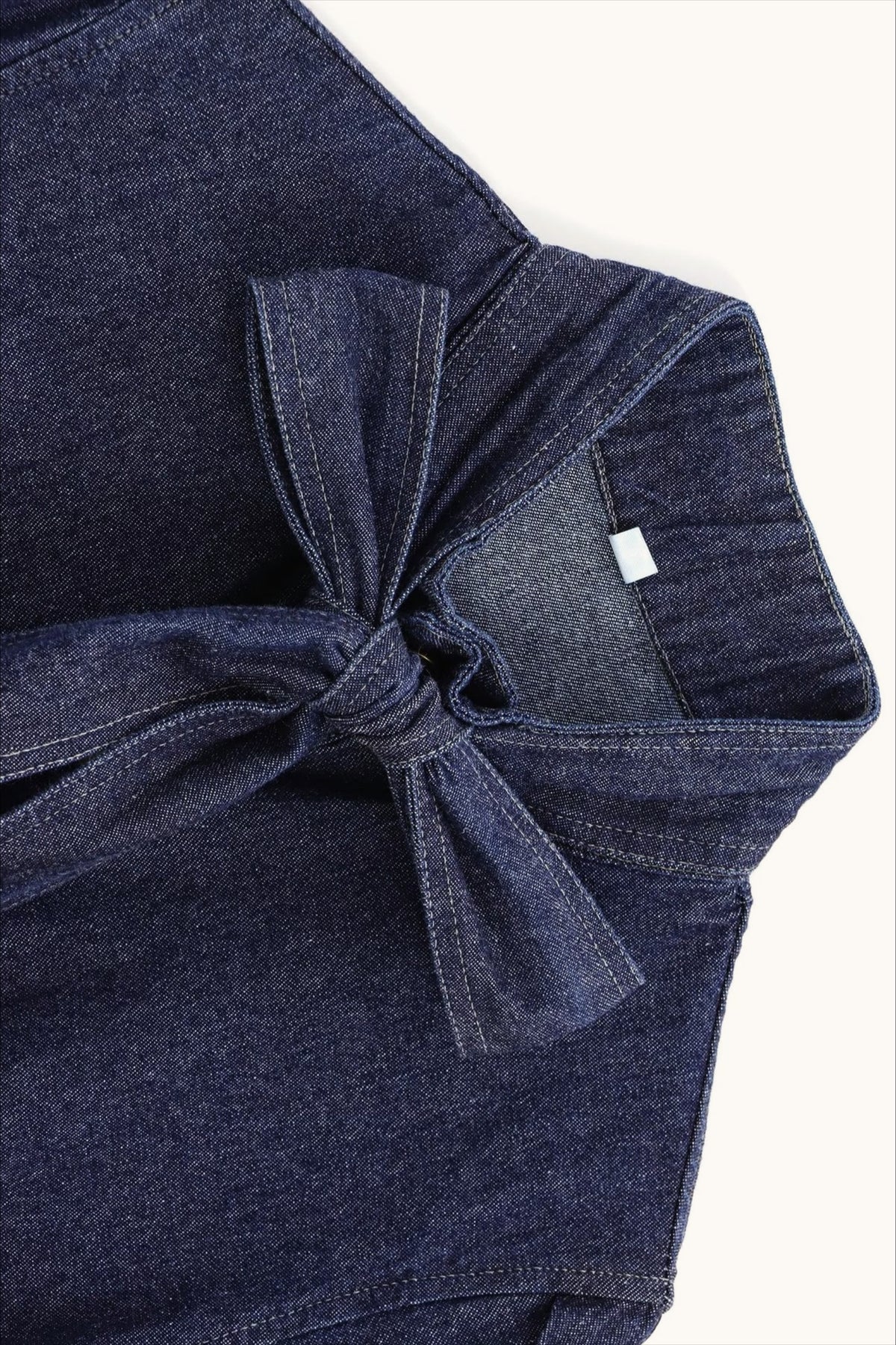 Bow Neck Balloon Sleeve Denim Blouse