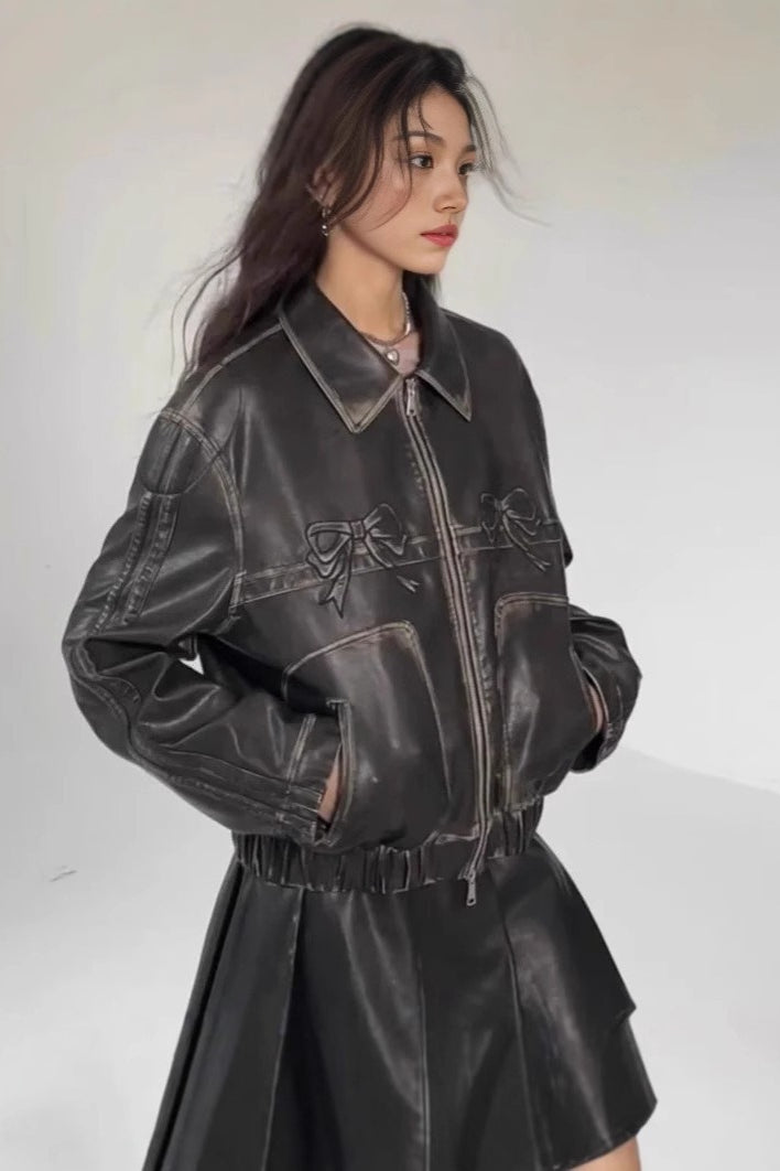 Bow Decor Faux Leather Moto Jacket Secondary image